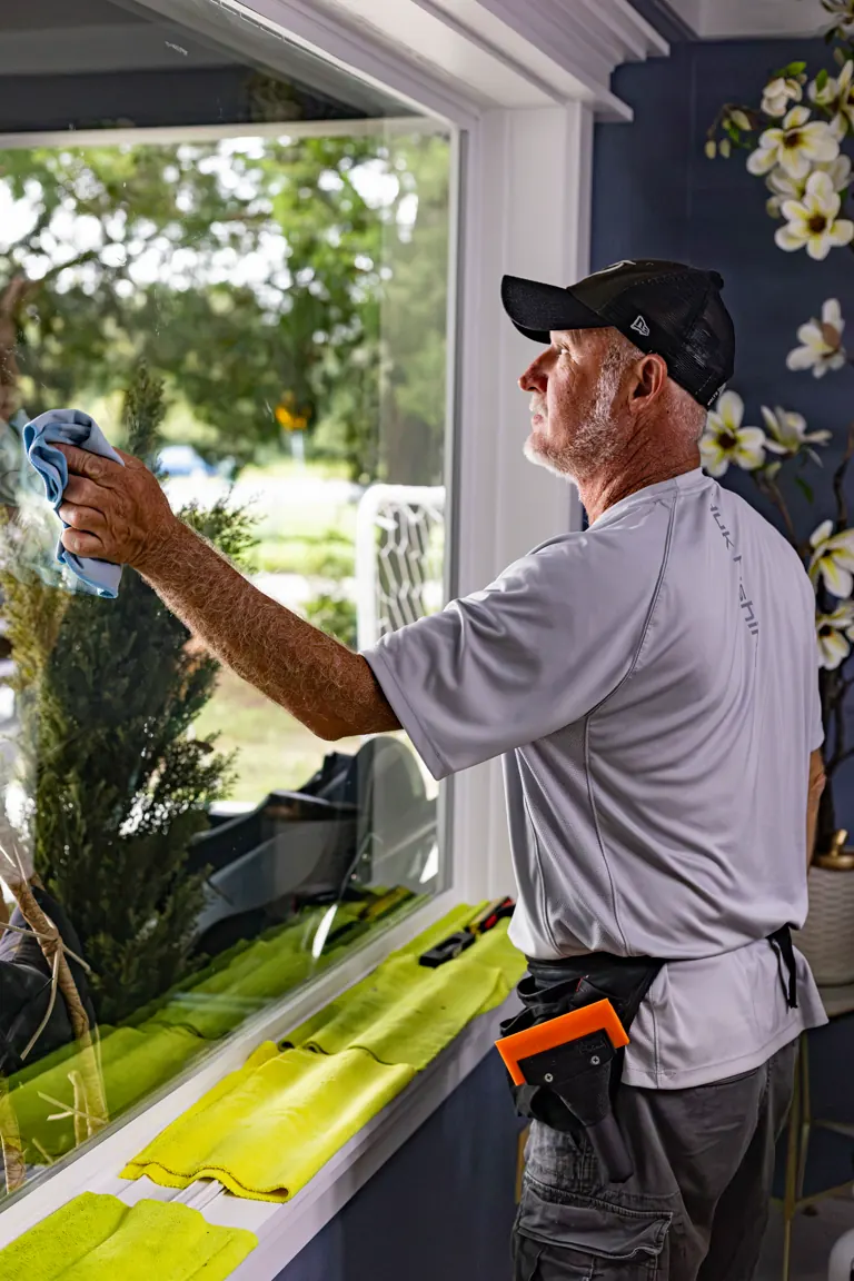Robert finishing a freshly filmed picture window inside a customer's home